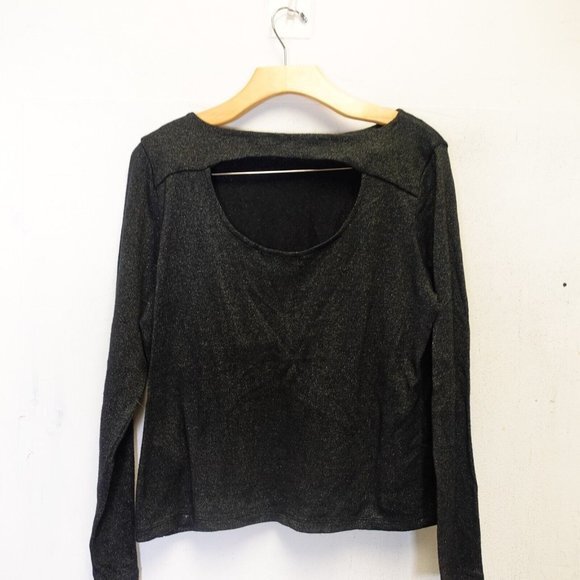 Banana Republic Top Large Black Cut Off Long Sleeve Metallic Sparkle Glitter‎ - Picture 6 of 10